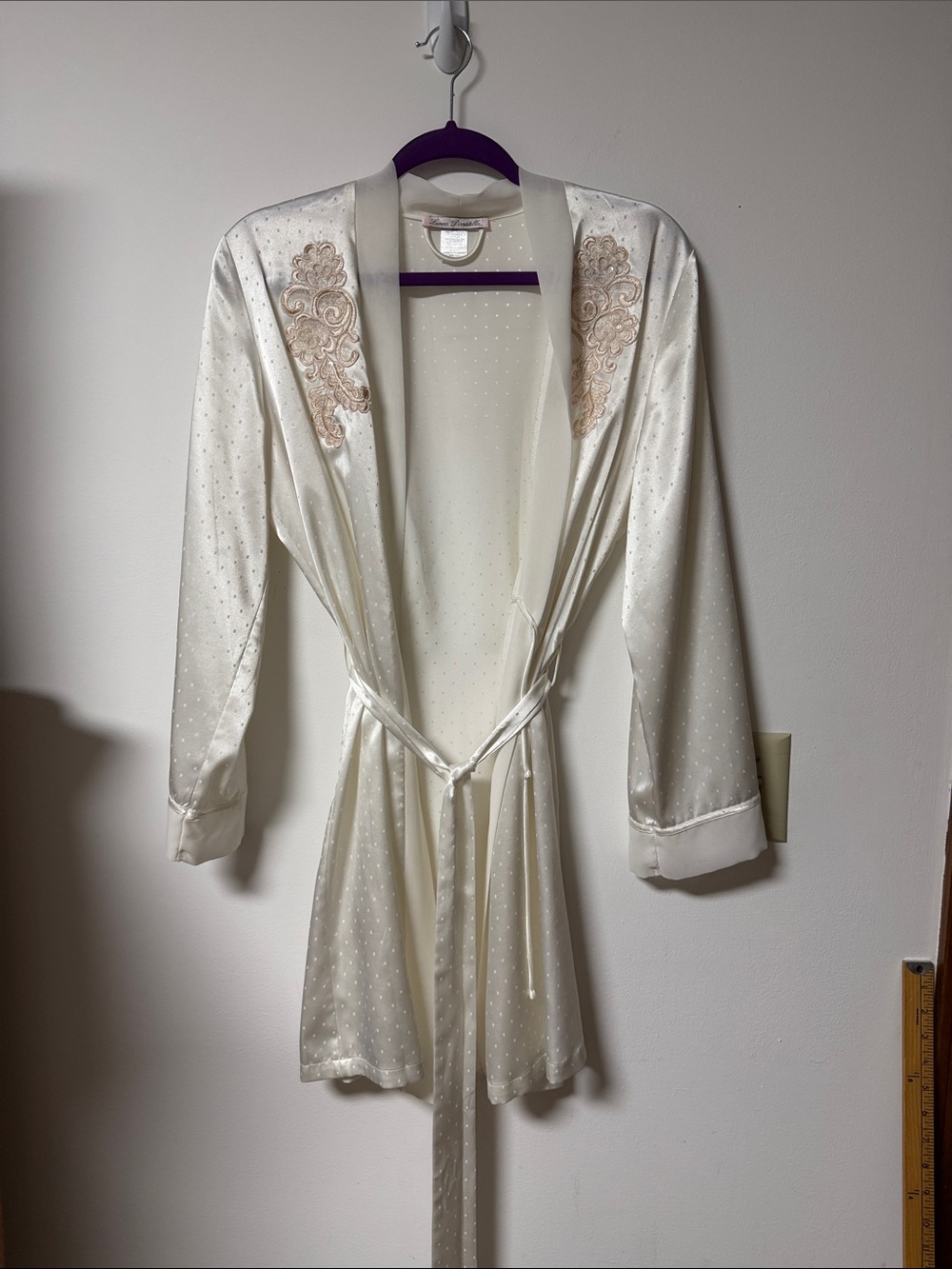 Linea Donatella Ivory Satin Short Robe with Lace Shoulder Accents